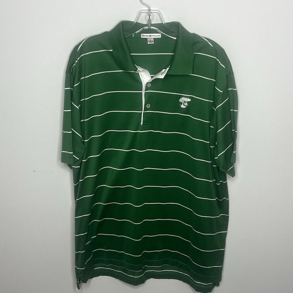Peter Millar Polo Green White Stripped Short Sleeve Shirt Mens Size Large